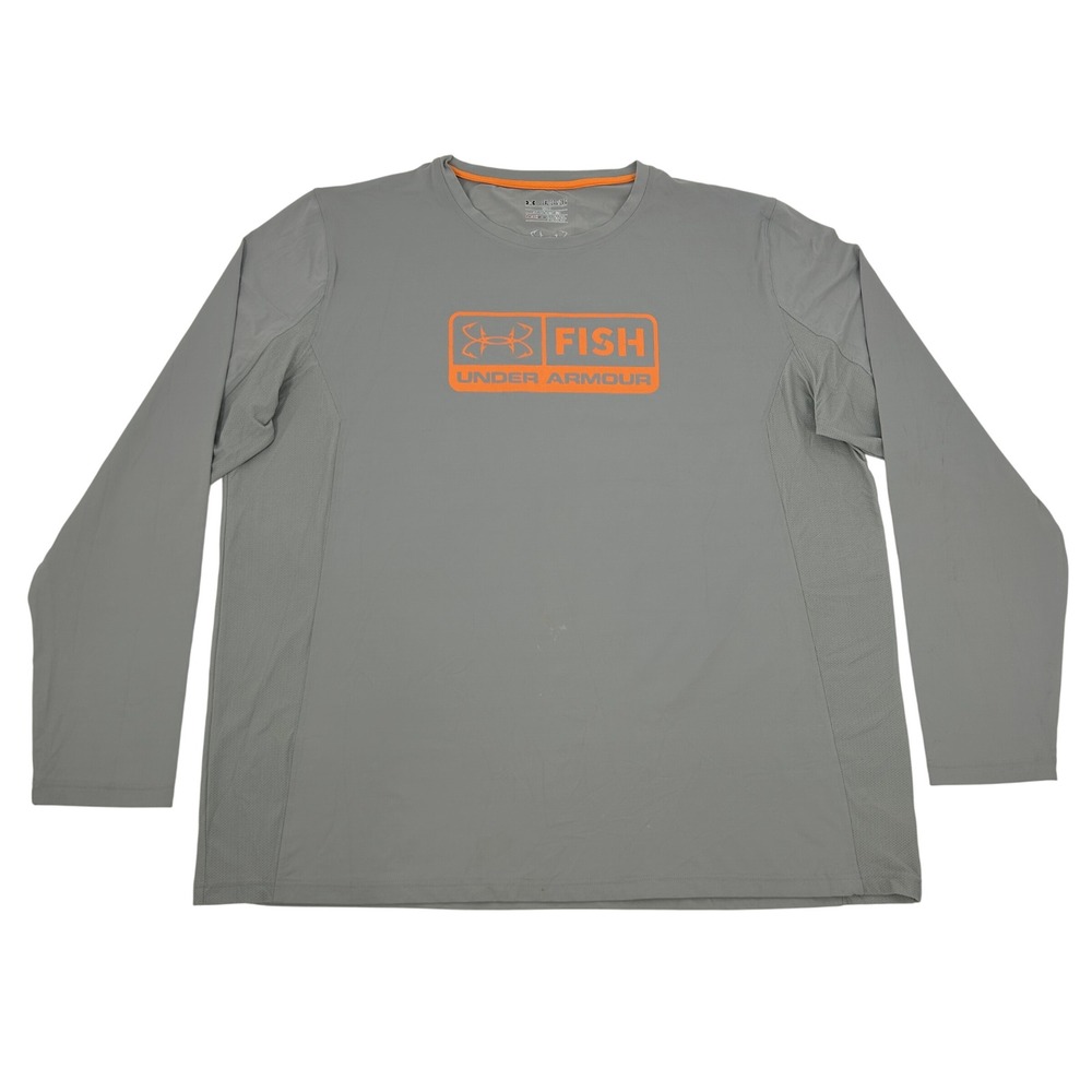 Under Armour HeatGear Long Sleeve Fishing Shirt Men's 2XL Gray Orange Logo Loose